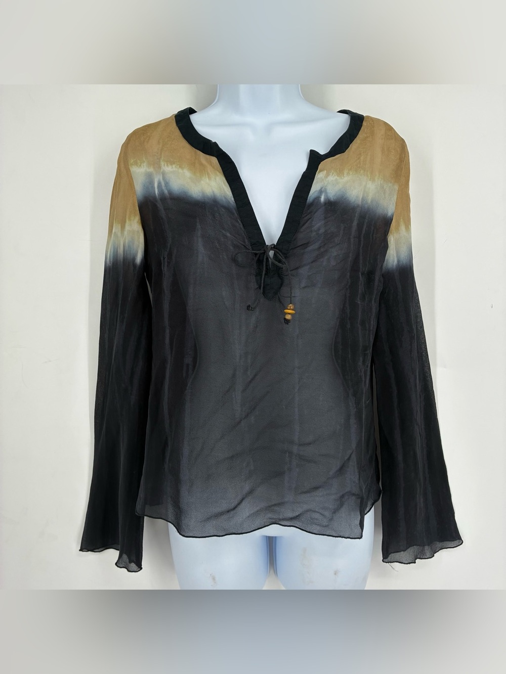 Marella US 6 EU IT Silk Sheer V Neck Tie Dye Long Sleeve Top Blouse Beach Resort